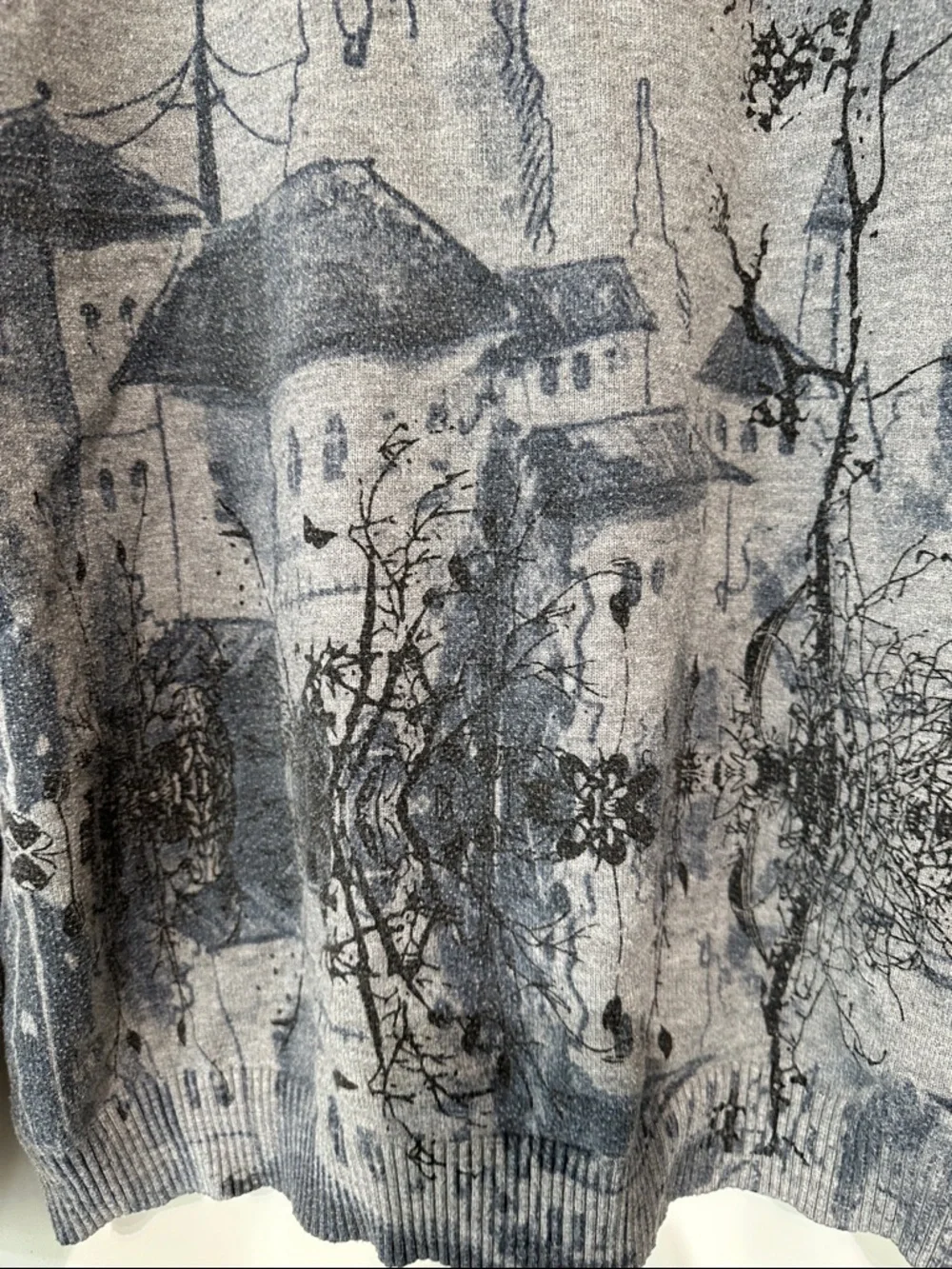 Men's Blue Gray Asian Village Themed Crewneck Sweater